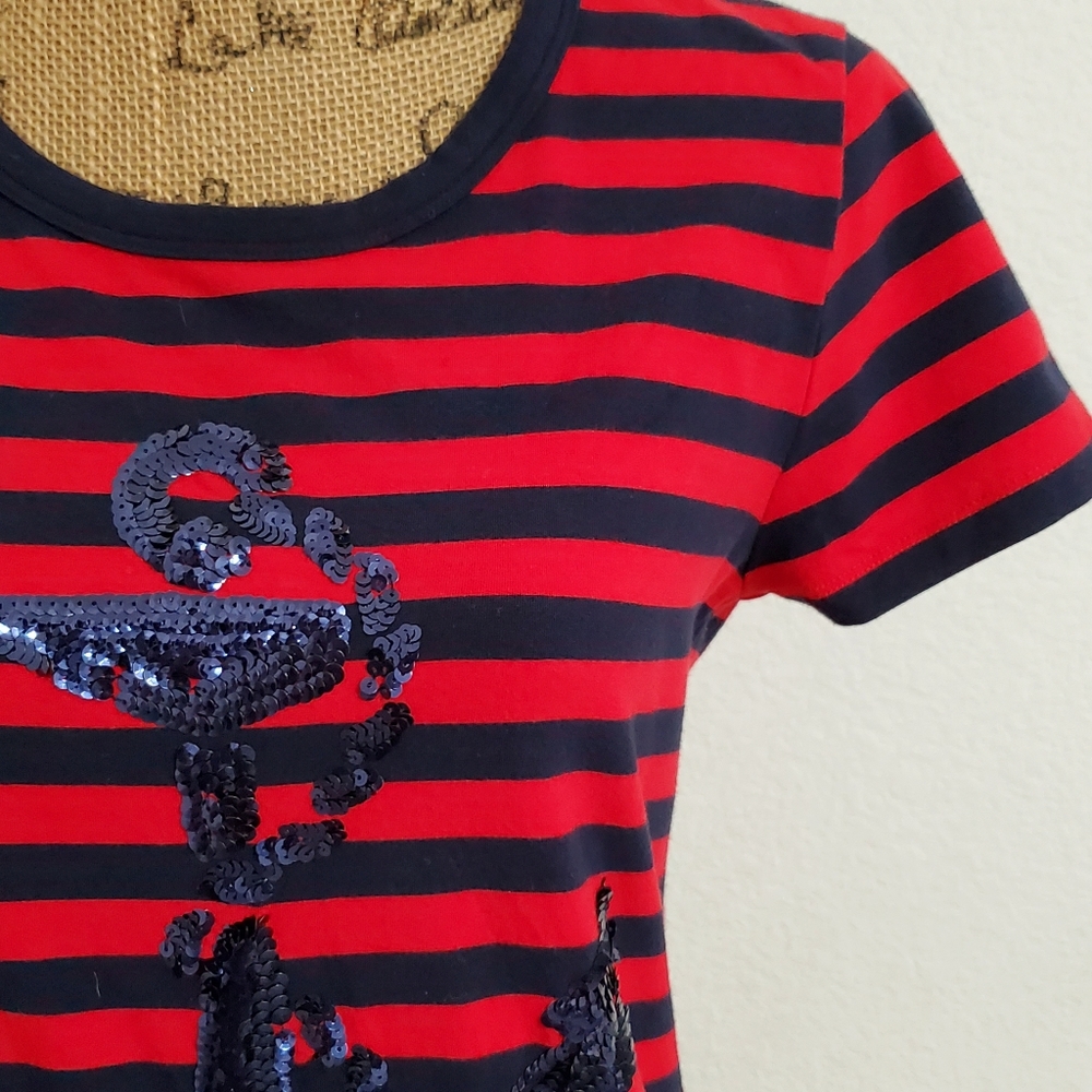 DKNY blue and  red striped short sleeve top sequin anchor sz. Sml - Picture 2 of 6